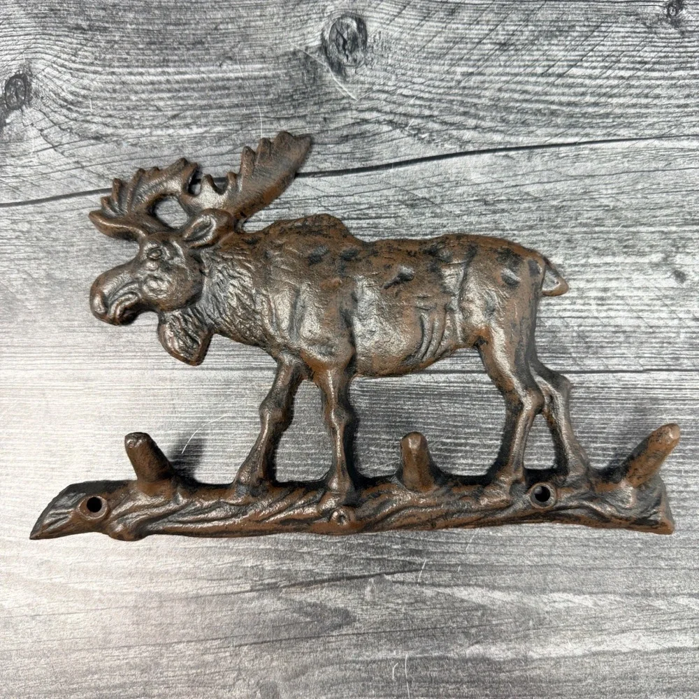 Cast Iron Bull Moose Three Hook Wall Rack Cabin Lodge Farmhouse Decor 9